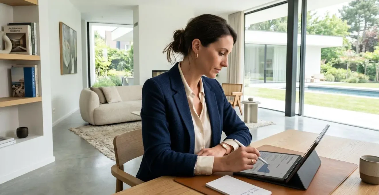 Professional in elegant casual attire working on digital tablet, shown in profile view, inside bright contemporary villa with natural window light