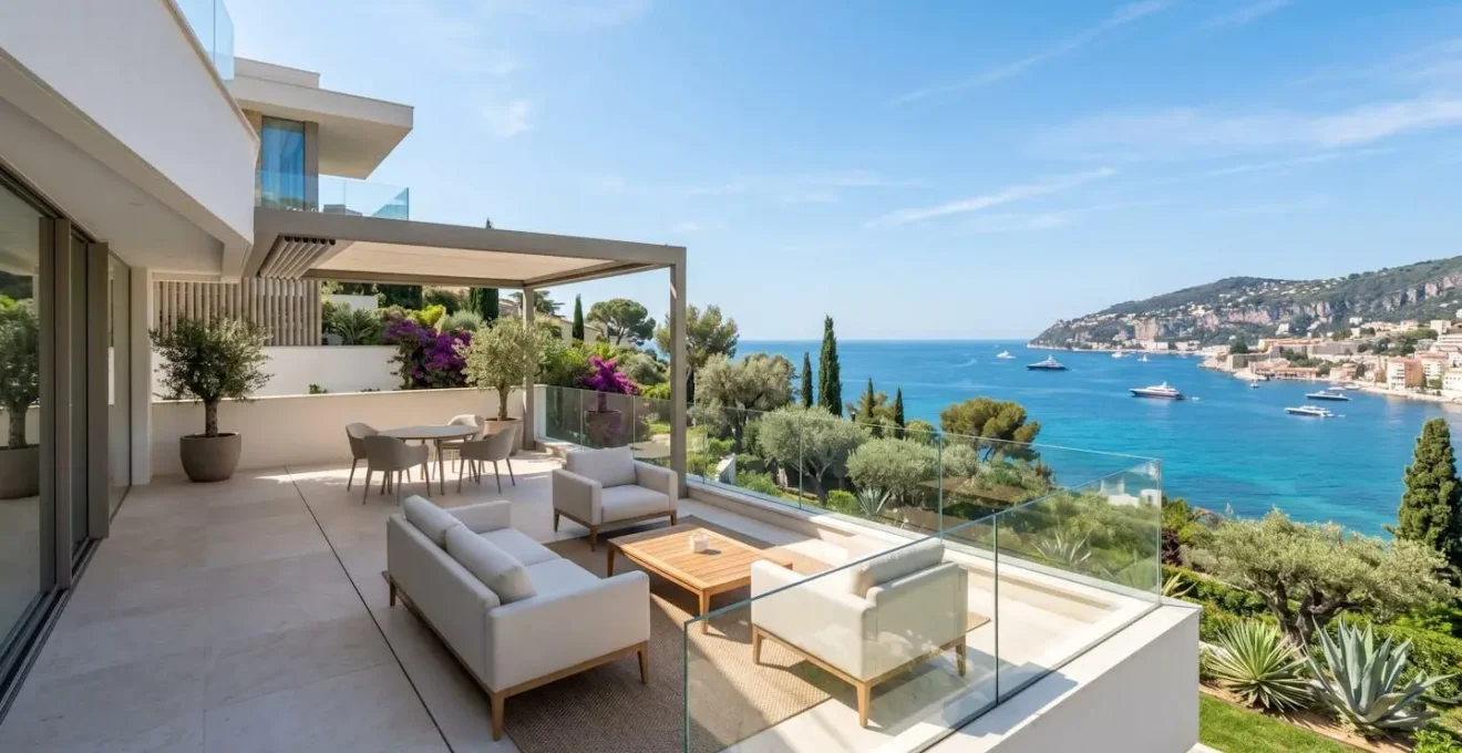 Contemporary French Riviera villa terrace with clean architectural lines, elegant outdoor seating, and unobstructed Mediterranean sea view in morning light