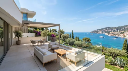Contemporary French Riviera villa terrace with clean architectural lines, elegant outdoor seating, and unobstructed Mediterranean sea view in morning light