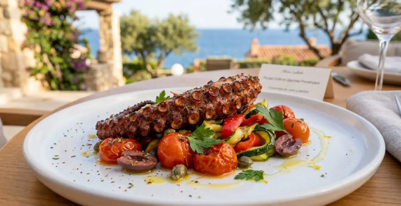 Extreme close-up of artfully plated Mediterranean dish with fresh local ingredients, shallow depth of field, villa terrace setting visible in soft bokeh background
